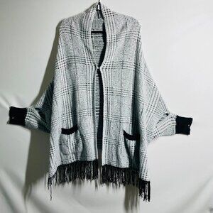 Chico's Womens Black Gray Fringe Hem Plaid Relaxed Cape Sweater Size L/XL